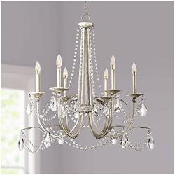 Strand Silver Leaf Chandelier 28'' Wide Beaded Crystal Candle 6-Light Fixture for Dining Room House Foyer Kitchen Island Entryway Bedroom Living Room - Regency Hill