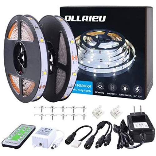ollrieu LED Strip Lights 50ft Dimmable Tape Light Bright White Connectable Cuttable 450 Units 2835 SMD with 12V Power Plug in RF Remote Flexible Indoor Rope Lighting for Bedroom Cabinet Kitchen Mirror