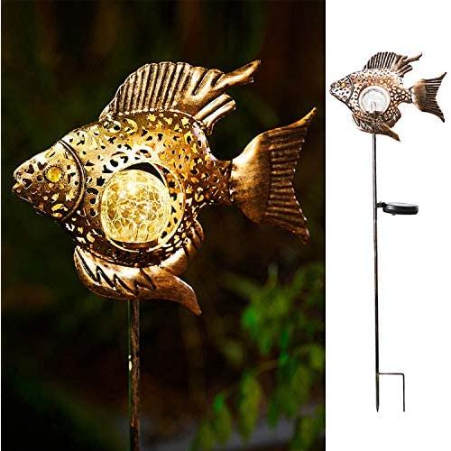 Solar Garden Decoration Outdoor Lights, Metal Fish Stakes LED Lights for Patio, Garden, Yard, Walkway (Bronze)