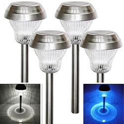 Solar Lights Outdoor Pathway Decorative Garden Light Stakes Waterproof Landscape Lighting Decorations Stake Glass Lens Stainless Steel Stake Bright 2 Color LED White Blue for Yard 4Pack