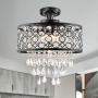 Maxax Round Crystal Chandelier Drum Flush Mount Pendant Ceiling Lighting Fixture for Dining Room, Living Room,Black 5-Lights