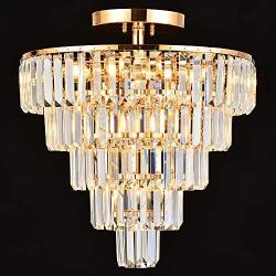 MonDaufie Crystal Chandelier 10 Lights Dimmable Gold Crystal Chandelier Semi Flush Mount Ceiling Light Fixture for Living Room Dining Room Bedroom Bathroom, H20.5 x D20