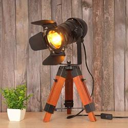 Modern Industrial Vintage Tripod Floor Table Lamp - Metal Wooden Nautical Cinema Standing Searchlight - Reading Light for Living Room Movie Theatre Decoration Adjustable Height (Black+Wood)