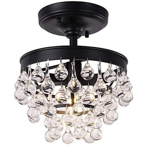 Wellmet Mini Crystal Chandelier, Single Light Semi Flush Mount Crystal Lights for Hallway, Small Close to Ceiling Lighting Fixture for Foyer, Bedroom, Kitchen, Bar, 12.20''Hx10.08''W