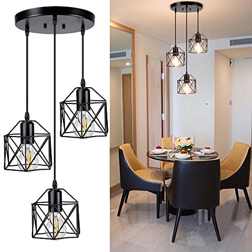 DLLT Vintage Pendant Light, Adjustable Mini Hanging Pedant Lights Fixture with 3-Light Cage Shade, Flush Mount Ceiling Swag Lighting for Kitchen/Dining Room/Hallway/Bedroom, E26 Base (Black)