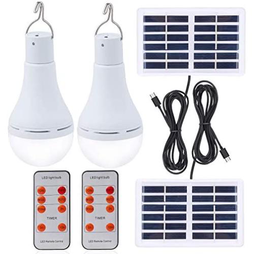 Afoskce Solar Light Bulb Outdoor Rechargeable 300LM Solar Powered Light Led Bulb with Remote Timer, Lighting Sensor, 4 Lighting Mode for Chicken Coops Shed Hiking Camping Hurricane Lighting (2Pack)
