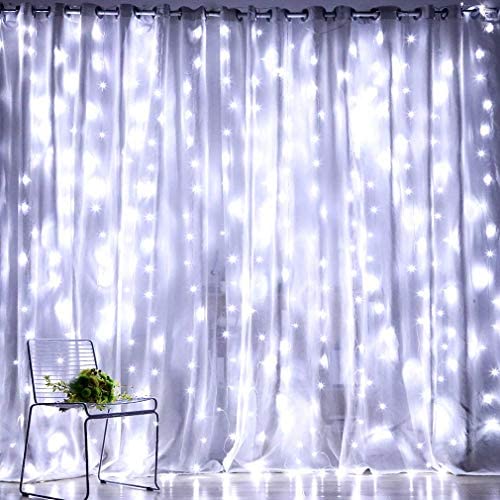 Fiee Fairy Curtain Lights,304 LED 9.8ftX9.8ft 30V 8Modes safety Window Lights with Memory for Home Wedding Christmas Party Family Patio Lawn Garden Bedroom Outdoor Indoor Wall Decorations(Cool White)