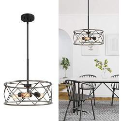 LOG BARN Chandeliers for Dining Room, Modern Drum Chandelier in Rustic Dark Silver Finish, Pendant Light Fixture for Foyer, Entryway, Hallway, 3-Light, 15.5'' Diameter