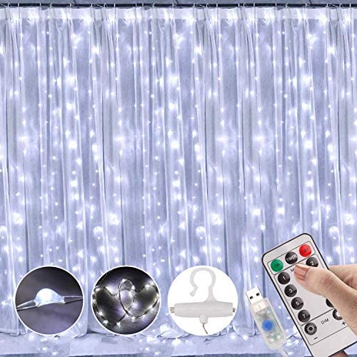 Window Curtain String Light 300 LED 8 Lighting Modes Fairy Lights Remote Control USB Powered Waterproof Lights for Christmas Bedroom Party Wedding Home Garden Wall Decorations (Cool White)