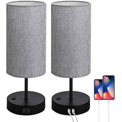 Set of 2 Touch Control Bedside Table Lamp, 3-Way Dimmable Nightstand Lamps with 2 USB Charging Ports&1 AC Outlet, ST64 E26 LED Bulbs Included, Grey Fabric Cylinder Shade Ideal for Bedroom Living Room