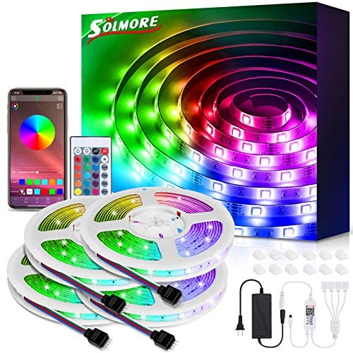 52.5FT LED Strip Lights Bluetooth,SOLMORE RGB LED Strip Music Sync Color Changing LED Lights Strips 24-Key Remote DIY Color Options LED Strip Lights APP Controlled for Bedroom Ceiling Under Cabinet