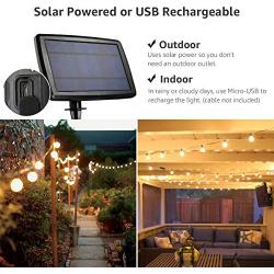 LE Solar Outdoor String Lights LED Patio Lights, USB Rechargeable Portable Bistro Lights, 25ft 25 G40 Bulbs Edison Café String Lights for Porch, Pergola, Backyard, Deck, Garden, Pool, Party, Wedding