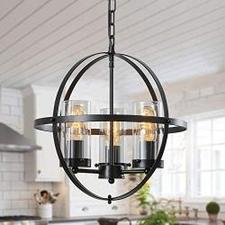 FERWVEW 14.2'' Farmhouse Rustic Black Globe Ceiling Hanging Lighting Foyer Chandelier Light Fixture,3-Light Modern Metal Pendant Lighting for Kitchen Island Hallway Living Dining Room Bedroom Entryway