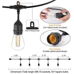 LED Outdoor String Lights, 48FT with 2W Dimmable Edison Vintage Plastic Bulbs and Commercial Great Weatherproof Strand - UL Listed Heavy-Duty Decorative LED Café Patio Light, Porch Market Light