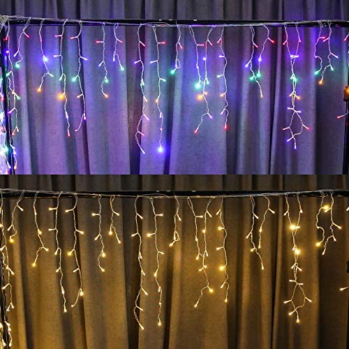 SUPSOO LED Solar Icicle String Lights,20Ft 220 LEDs Waterproof Extendable Curtain Icicle String Lights Christmas Lights for Bedroom Patio Yard Garden Wedding Party (Warm White+Multi-Color)