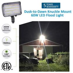 60W LED Flood Light with Knuckle, SZGMJIA Outdoor Security Fixture Dusk-to-Dawn Photocell 5000K 7,800lm(300W Equivalent) IP65 Waterproof with Base for Wall Mount for Entrance Garden Yards