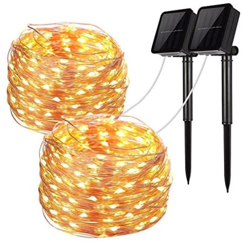 LiyuanQ Solar String Lights, 2 Pack 100 LED Solar Fairy Lights 33 Feet 8 Modes Copper Wire Lights Waterproof Outdoor String Lights for Garden Patio Gate Yard Party Wedding Indoor Bedroom Warm White