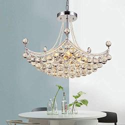 Healer Crystal Chandelier Lighting Ceiling Lamp with 6 E12 Base Semi Flush Mount, Modern Hanging Light with Chain Silver Finish Fix for Living / Dining Room Bedroom(Dia 24.8 x H 14.2 inch)