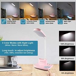 LED Rechargeable Desk Lamp, Yonnami 5-in-1 Multifunctional Desk Lamp with USB Charging Port & Pen Holder & Phone Holder, 3 Color Modes with Night Light for Dorm Bedroom Reading (Pink)