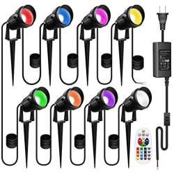 8-in-1 Color Changing LED Landscape Lights Sunriver 6W Landscape Lighting with Transformer 12V 24V Low Voltage RGB Remote Control Lights IP66 Waterproof Outdoor Landscape Spotlights Lighting (8 Pack)