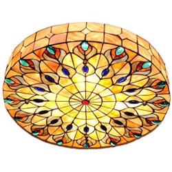 Vintage Tiffany Ceiling Light Hand-Made Colorful Chandelier Flush Mount Lighting Fixture, Lampshade with Mother of Pearl Decor (20 Inch)