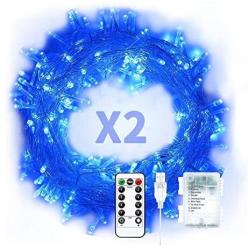 Baimo 2 Pack 33ft 100 LED Battery Operated String Lights with USB Cable, 8 Modes Waterproof Remote Timer Fairy Lights Indoor Outdoor for Christmas, Garden, Party (Blue)