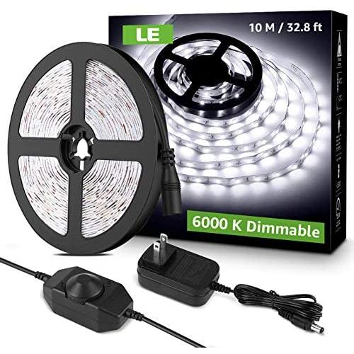 LE 32.8ft LED Strip Light, Dimmable Vanity Lights, 6000K Super Bright LED Tape Lights, 600 LEDs SMD 2835, Strong 3M Adhesive, Suitable for Home, Kitchen, Under Cabinet, Bedroom, Daylight White