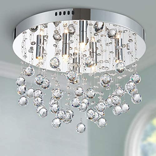 Bestier Modern Crystal Round Raindrop Chandelier Lighting Flush Mount LED Ceiling Light Fixture Pendant Lamp for Dining Room Bathroom Bedroom Livingroom 6 G9 Bulbs Required 15 in Wide 9.8 inch High