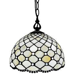 Amora Lighting Tiffany Style Hanging Pendant Lamp Ceiling 12'' Wide Stained Glass White Jeweled Antique Vintage Light Decor Restaurant Game Living Dining Room Kitchen Gift AM119HL12B