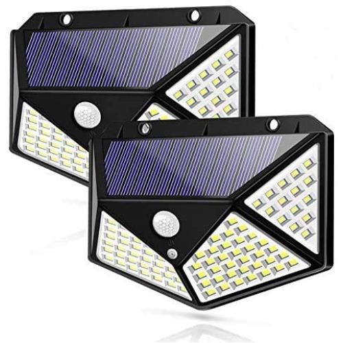 Solar Lights Outdoor, 100 LED/3 Working Mode, Solar Powered 270° Wide-Angle Motion Sensor Lights, IP65 Wireless Waterproof Outdoor Lights for Garden Patio Yard Deck Garage Fence Pool 2 Pack