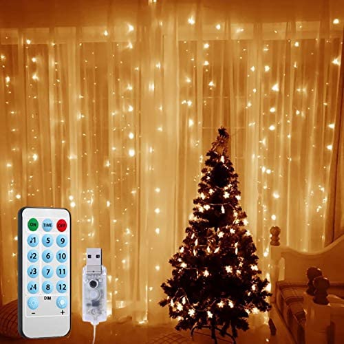 （2020 New) Window Curtain String Lights, 300 LED USB Powered String Lights, 4 Music Control Modes 8 Lighting Modes Waterproof Decorative Lights for Wedding, Homes, Party, Bedroom Chrismas (Warm White）