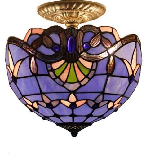 Tiffany Ceiling Fixture W12H11 Inch Semi Flush Mount Light Blue Purple Lavender Stained Glass Baroque Shade WERFACTORY Lamps Kid Living Room Bedroom (S003C Series) Tiffany Ceiling Fixture W12H11 Inch Semi Flush Mount Light Blue Purple Lavender Stained Glass Baroque Shade WERFACTORY Lamps Kid Living Room Bedroom (S003C Series)