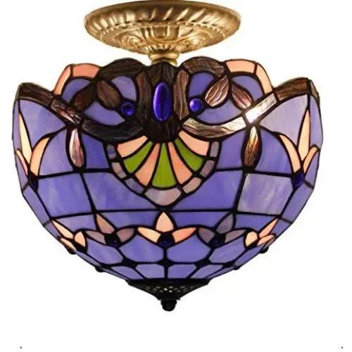 Tiffany Ceiling Fixture W12H11 Inch Semi Flush Mount Light Blue Purple Lavender Stained Glass Baroque Shade WERFACTORY Lamps Kid Living Room Bedroom (S003C Series)
