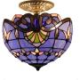 Tiffany Ceiling Fixture W12H11 Inch Semi Flush Mount Light Blue Purple Lavender Stained Glass Baroque Shade WERFACTORY Lamps Kid Living Room Bedroom (S003C Series) Tiffany Ceiling Fixture W12H11 Inch Semi Flush Mount Light Blue Purple Lavender Stained Glass Baroque Shade WERFACTORY Lamps Kid Living Room Bedroom (S003C Series)