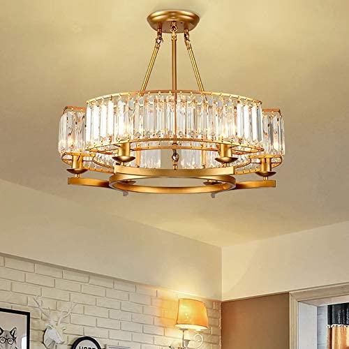 Luxury Round Crystal Chandelier, Modern Chandelier Lighting Pendant Fixture with Adjustable Chain, 6 Light, Clear Crystal Ceiling Chandelier for Living Dining Room Foyer Entryway (Gloden )
