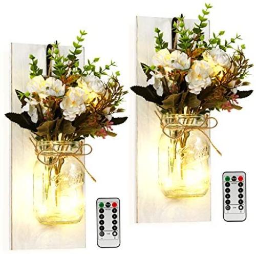 Mason Jar Wall Candlestick Lighting, Home Decoration, Living Room, Bathroom, Hanging Retro Wall Closet 6 Hours LED Lighting with Remote Control(2 Sets)