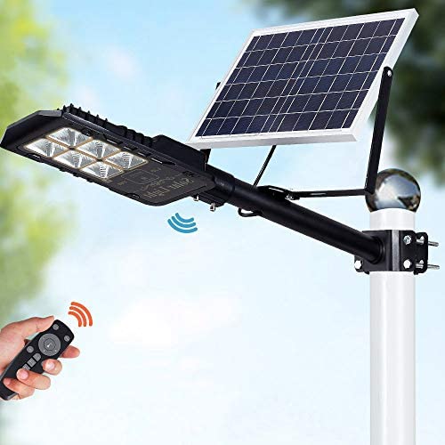 80W LED Solar Street Lights Outdoor Lamp, Dusk to Dawn Pole Light with Remote Control, Waterproof, Ideal for Parking Lot, Yard, Garage and Garden (Cool White)