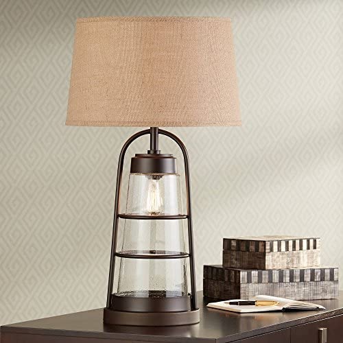 Industrial Table Lamp with Nightlight Bronze Cage Glass Lantern Brown Burlap Shade for Living Room Family - Franklin Iron Works