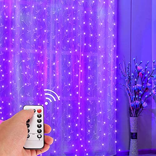 Christmas Light Curtain - 300 LED 9.84FT Curtain with Lights, USB Powered 8 Mode Setting White Curtain Lights for Bedroom, Party Christmas, Valentines Day, Wedding (Purple)