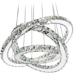 MEEROSEE LED Crystal Chandelier Lighting Ceiling Lights Fixture Contemporary Adjustable Stainless Steel 3 Rings Light for Living Room Bedroom Dining Room D19.7''+15.7''+11.8''