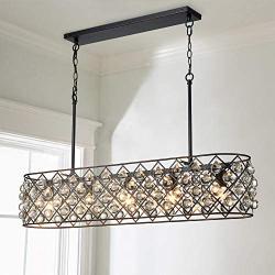 Saint Mossi Antique Bronze Frame with Clear Crystal Glass Chandelier Lighting 43'' inch Length Linear Chandelier for Kitchen Island, Dining Room Raindrop Crystal Chandeleir, Mossinal Collection