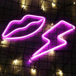 GMY Pink Neon Sign Lip and Pink Lightning Bolt LED Neon Light Signs for Wall Decor, by USB Charging/Battery, Decorative Neon Light for Bedroom, Party, Wedding, Christmas Gift, Christmas Decor, 2Pack