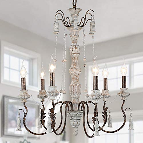 6-Light Wood Metal Chandelier Pendant French Country Farmhouse Crystal Chandelier Handmade Wooden French Country Lighitng for Living Room Bedroom Kitchen Foyer