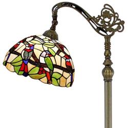 Tiffany Style Reading Floor Lamp Lighting W12H64 Stained Glass Tropical Birds Lampshade Antique Adjustable Arched Standing Base S805 WERFACTORY Lamps Lover Living Room Bedroom Beside Table Desk Gifts