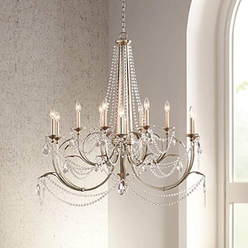 Strand Silver Leaf Large Chandelier 46'' Wide Beaded Crystal Candle 12-Light Fixture for Dining Room House Foyer Kitchen Island Entryway Bedroom Living Room - Regency Hill