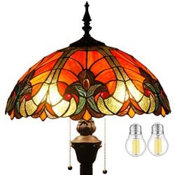 Tiffany Style Floor Standing Lamp (2PCS LED Bulb Included) W16H64 Inch Tall Red Liaison Stained Glass Shade Antique Read Lighting Base S160R WERFACTORY Lamps Bedroom Living Room Coffee Table Gifts