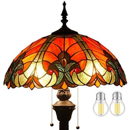 Tiffany Style Floor Standing Lamp (2PCS LED Bulb Included) W16H64 Inch Tall Red Liaison Stained Glass Shade Antique Read Lighting Base S160R WERFACTORY Lamps Bedroom Living Room Coffee Table Gifts