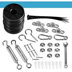 Broad String Light Hanging Kit,Patio Light Suspension Kit,Guide Wire for Outdoor String Lights,Vinyl Coated Rope Cable,Include 100ft 304 Stainless Steel Cable, Turnbuckle and Hooks