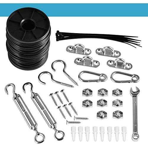 Broad String Light Hanging Kit,Patio Light Suspension Kit,Guide Wire for Outdoor String Lights,Vinyl Coated Rope Cable,Include 100ft 304 Stainless Steel Cable, Turnbuckle and Hooks