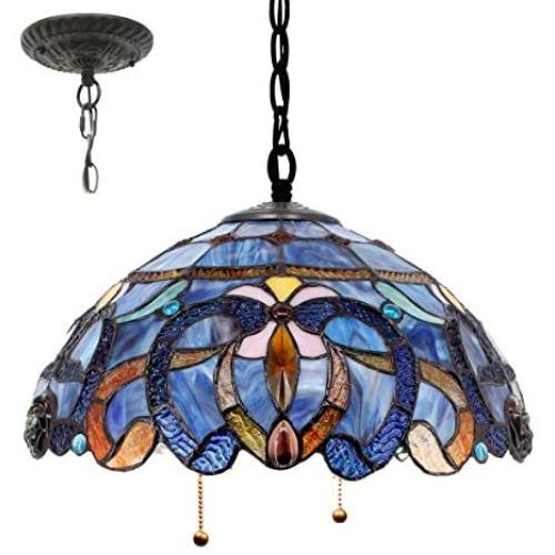 Tiffany Hanging Lamp 16 Inch Pendant Light Blue Purple Stained Glass Cloud Shade S0558 WERFACTORY Chandelier Ceiling Fixture Lover Dining Room Living Room Bedroom Study Office Coffee Bar Hallway Loft